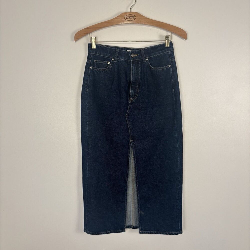 H&M Long Maxi Midi Dark Denim Blue Front Slit Skirt Size 4